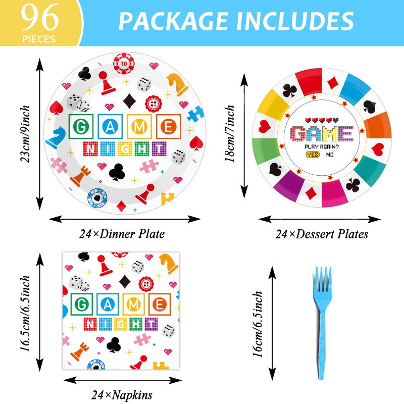 Wiooffen 96 Pcs Family Game Night Party Supplies Gaming Party Decoration For Birthday Party Video Game Party Tableware Set Kids Game Night Party Paper Plate Napkin Fork 24 Guests - Image 2